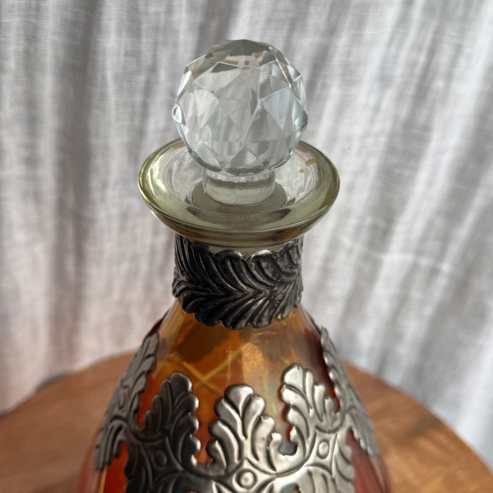 Vintage German Amber Iridescent Decanter Ornate Silver Metal Overlay 9.5" - Picture 4 of 9